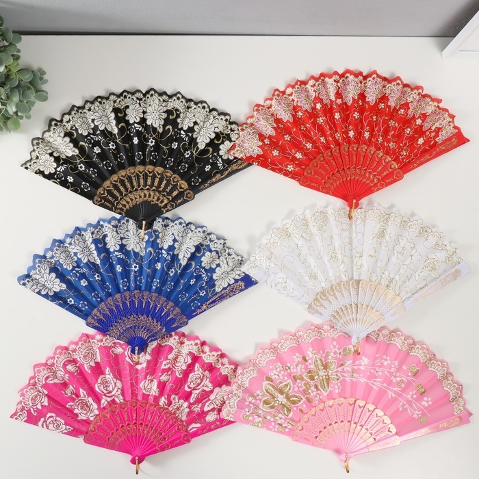 Веер пластик  Веер пластик "Цветы с блёстками" МИКС 23 см