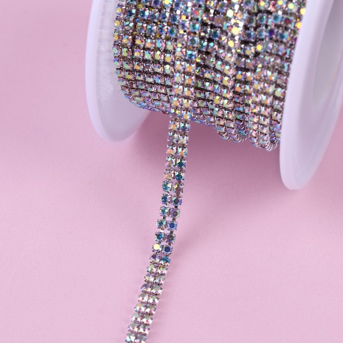 Цепь со стразами, с голографией, 2 ряда, металл, стекло, 4 мм, 4,5 ± 0,5 м, цвет серебряный Цепь со стразами, с голографией, 2 ряда, металл, стекло, 4 мм, 4,5 ± 0,5 м, цвет серебряный