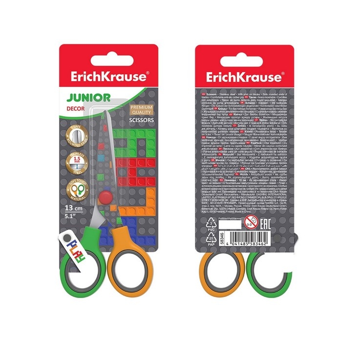 Ножницы детские 13 см, ErichKrause Junior Decor Color Bricks, с принтом на лезвиях, закруглённые концы, блистер Ножницы детские 13 см, ErichKrause Junior Decor Color Bricks, с принтом на лезвиях, закруглённые концы, блистер