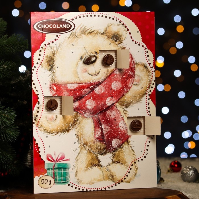 Адвент календарь с мини плитками из молочного шоколада Адвент календарь с мини плитками из молочного шоколада "Мишка" ассорти, 50 г, Новый год