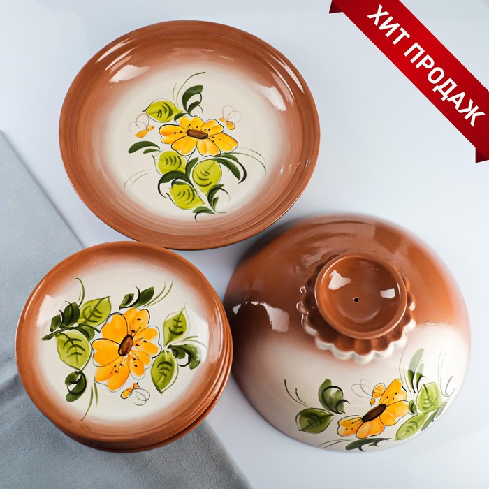 Набор для блинов 7 предметов: 1 шт. блинница, 6 шт. тарелок, с росписью, нектар Набор для блинов 7 предметов: 1 шт. блинница, 6 шт. тарелок, с росписью, нектар