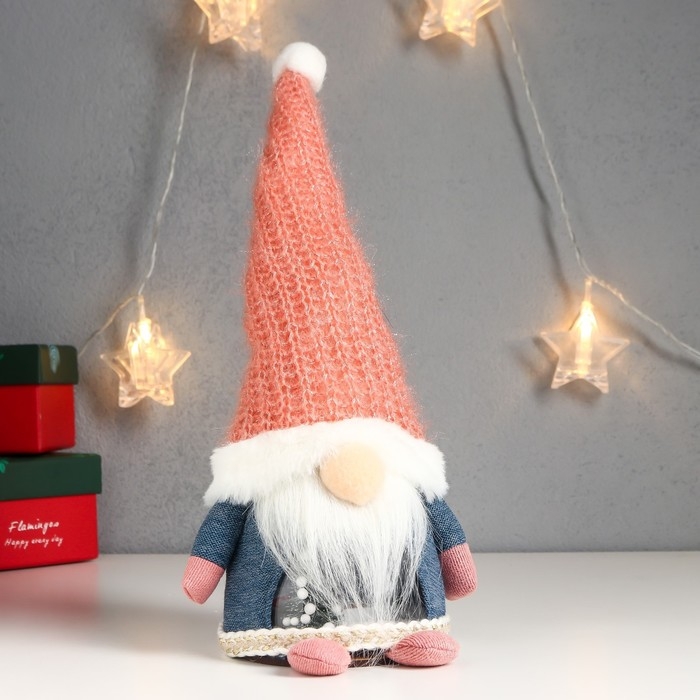 Кукла интерьерная свет Кукла интерьерная свет "Дед Мороз в розовом вязаном колпаке" 32х12х11 см