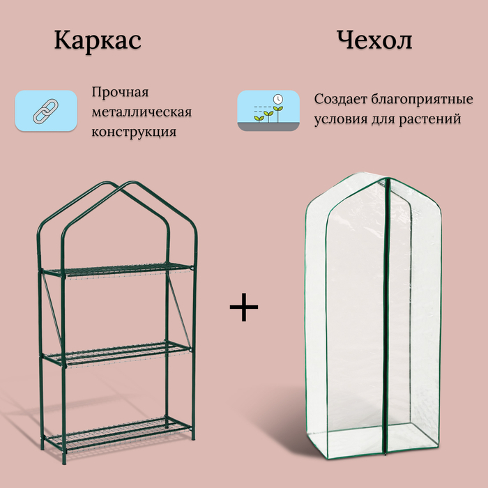 Парник-стеллаж, 3 полки, 110 × 65 × 22 см, металлический каркас d = 16 мм, чехол плёнка 100 мкм Парник-стеллаж, 3 полки, 110 × 65 × 22 см, металлический каркас d = 16 мм, чехол плёнка 100 мкм