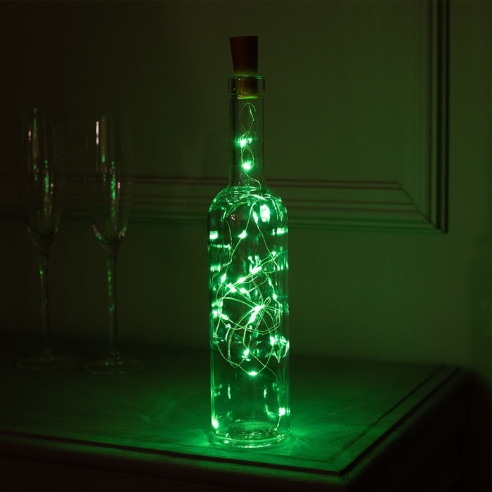 Гирлянда «Нить» 2 м роса с пробкой, IP20, серебристая нить, 20 LED, батарейки LR44х3 (в комплекте), свечение зелёное Гирлянда «Нить» 2 м роса с пробкой, IP20, серебристая нить, 20 LED, батарейки LR44х3 (в комплекте), свечение зелёное