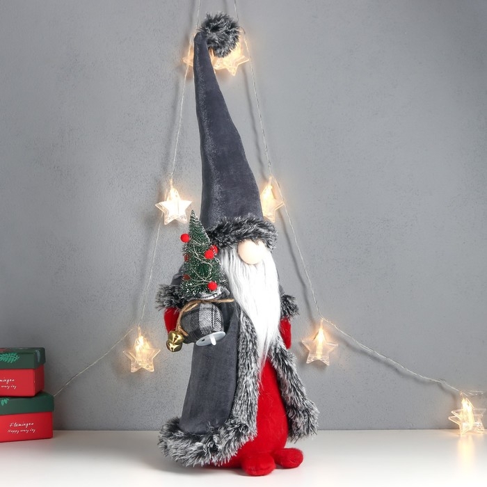 Кукла интерьерная Кукла интерьерная "Дед Мороз с ёлкой в мешке, серая бархатная шуба" 51х18х18 см