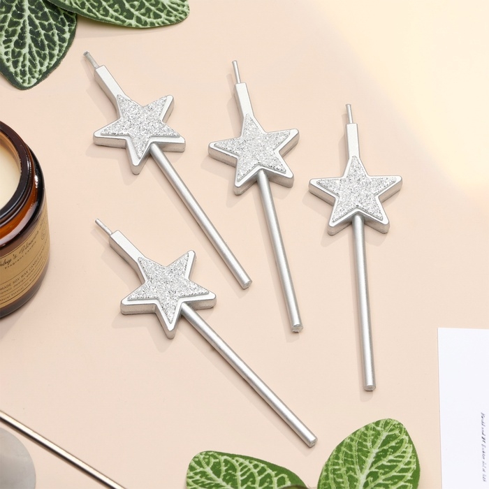 Набор свечей для торта, 4 шт Набор свечей для торта, 4 шт "Блестящие звезды", серебряные