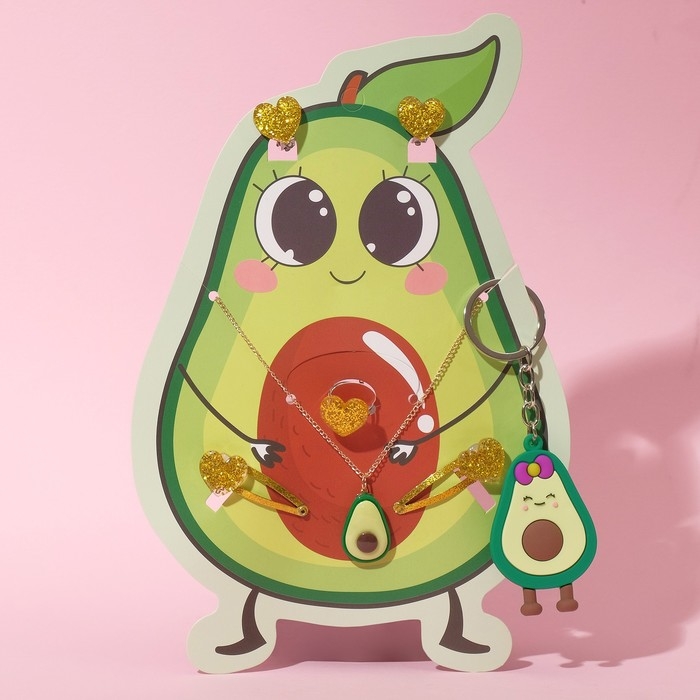 Набор детский «Выбражулька» 6 предметов: 2 заколки, клипсы, кулон, кольцо, брелок, авокадо, цветной Набор детский «Выбражулька» 6 предметов: 2 заколки, клипсы, кулон, кольцо, брелок, авокадо, цветной