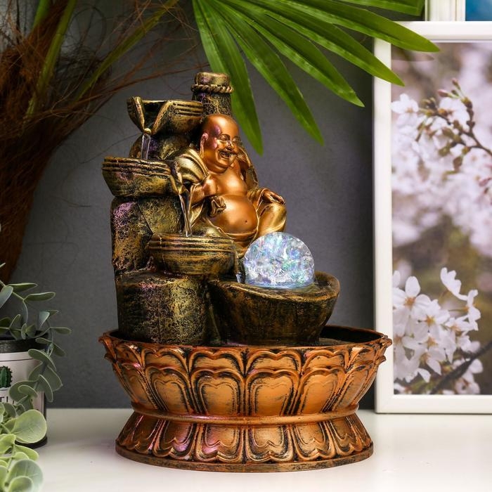 Фонтан настольный от сети, подсветка "Хотей у скалы с водопадом" 27х20х20 см