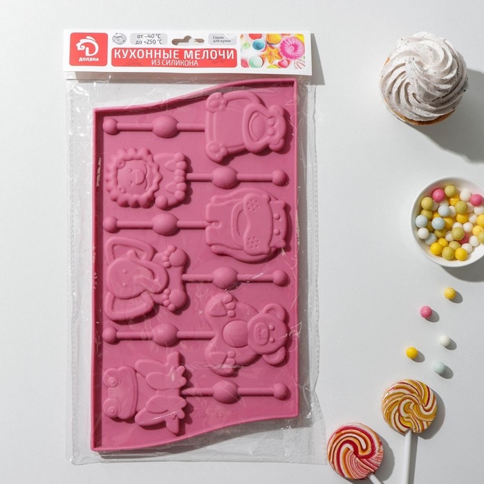 Форма для леденцов Доляна «Звери», силикон, 27,5×16,5 см, 6 ячеек (6,4×6,4), с палочками, цвет МИКС Форма для леденцов Доляна «Звери», силикон, 27,5×16,5 см, 6 ячеек (6,4×6,4), с палочками, цвет МИКС