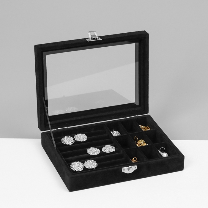 Подставка для украшений «Шкатулка», 8 полос, 9 ячеек, 20×15×4,5, цвет чёрный Подставка для украшений «Шкатулка», 8 полос, 9 ячеек, 20×15×4,5, цвет чёрный