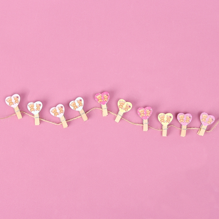 Прищепки декоративные с верёвкой для подвеса &laquo;Сердечки&raquo; набор 10 шт., 2,5 &times; 12,5 &times; 13,5 см