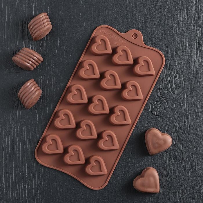 Форма для конфет и шоколада Доляна «Сердечко», силикон, 21×10 см, 15 ячеек (2,7×2,8 см), цвет МИКС Форма для конфет и шоколада Доляна «Сердечко», силикон, 21×10 см, 15 ячеек (2,7×2,8 см), цвет МИКС