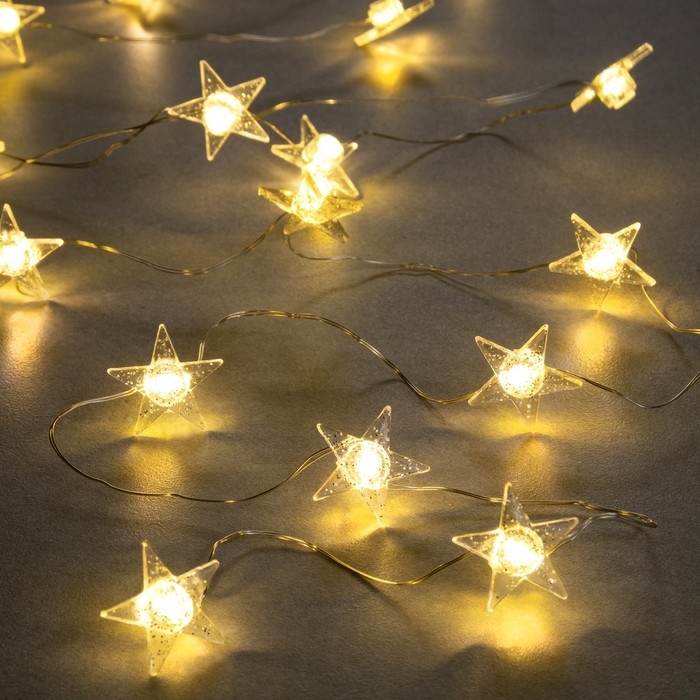 Гирлянда «Нить» 2 м роса с насадками «Снежная звезда», IP20, серебристая нить, 20 LED, 2 режима, батарейки ААх2 (нет в комплекте), свечение тёплое белое Гирлянда «Нить» 2 м роса с насадками «Снежная звезда», IP20, серебристая нить, 20 LED, 2 режима, батарейки ААх2 (нет в комплекте), свечение тёплое белое