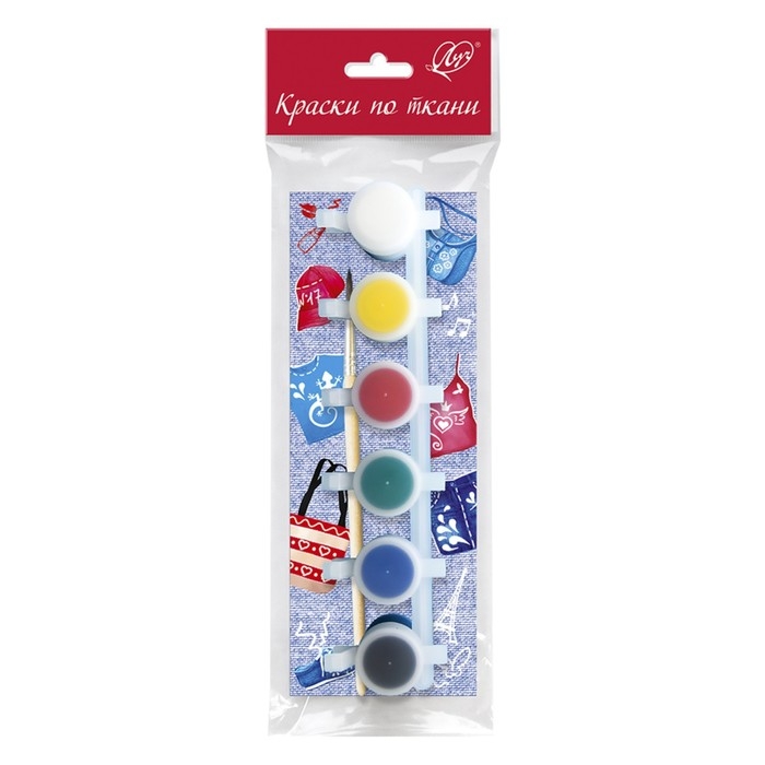 Краска по ткани, набор 6 цветов х 5 мл, Луч, акриловая на водной основе, с кистью Краска по ткани, набор 6 цветов х 5 мл, Луч, акриловая на водной основе, с кистью