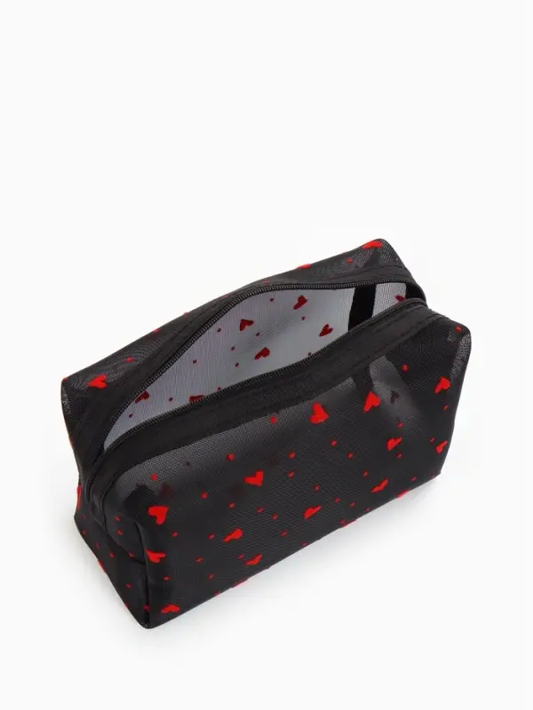 Косметичка женская HEARTS, с рисунком, сетка, на молнии, чёрная