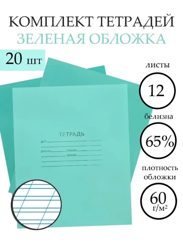 Набор тетрадей &laquo;Зелёная обложка&raquo; 20 штук, 12 листов в косую линейку, эконом, плотность 60 г/м&sup2;