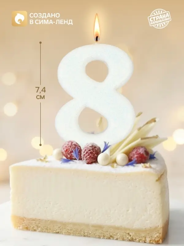 Свеча в торт &laquo;Соло. Цифра 8&raquo;, 8.2 см, белый блеск