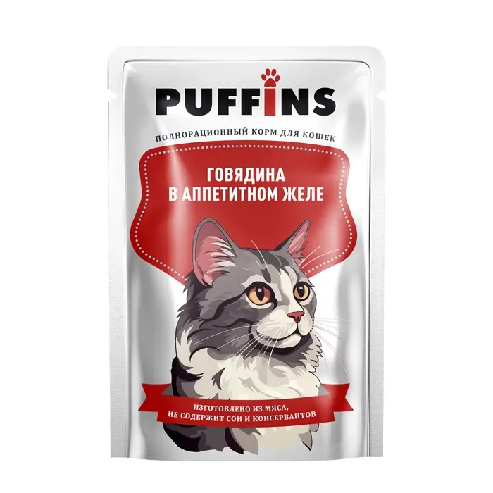 Влажный корм Влажный корм "Puffins" для кошек, говядина в желе, 75 г