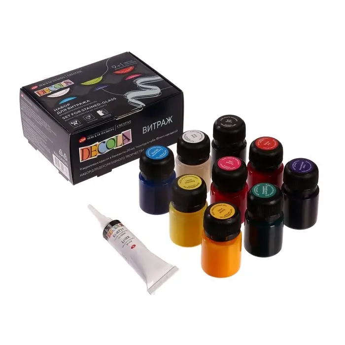 Набор витражных красок по стеклу Decola, 9 цветов &times; 20 мл + контур