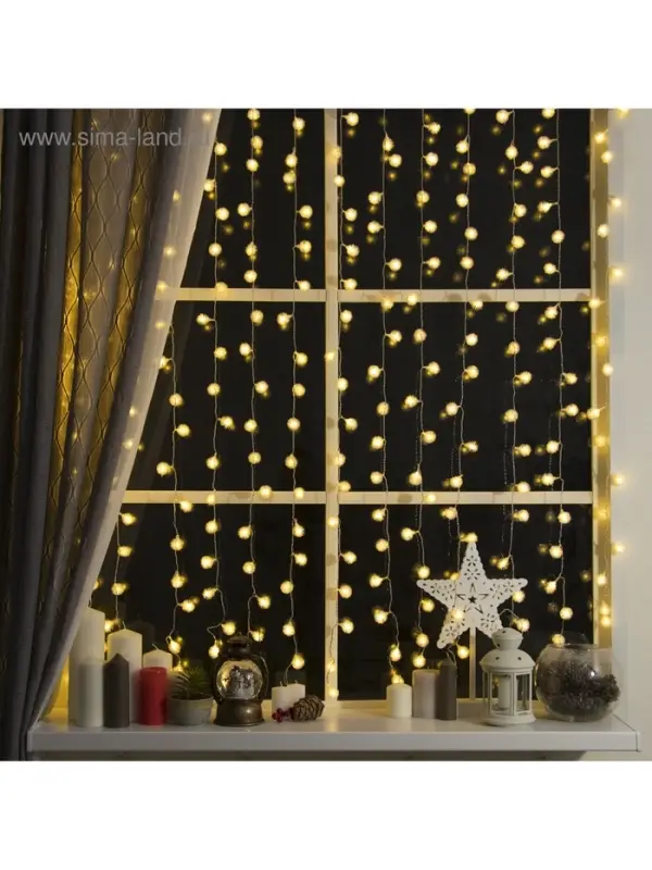 Гирлянда &laquo;Занавес&raquo; 2&times;1.5 м с насадками &laquo;Ёжики&raquo;, IP20, прозрачная нить, 360 LED, свечение тёплое белое, 8 режимов, 220 В