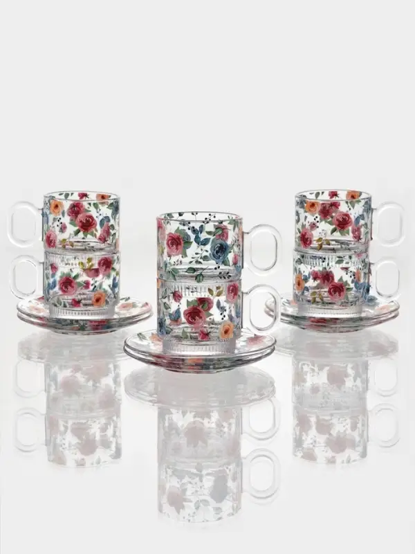 Чайный набор &laquo;Убранство&raquo;, 12 предметов: 6 чашек 200 мл, 6 блюдец, с рисунком, стекло, прозрачный