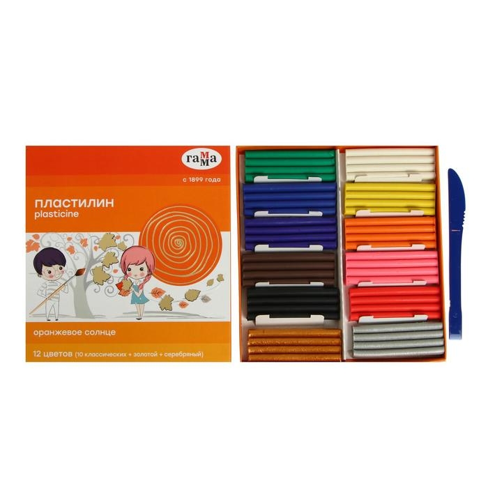 Пластилин 12 цветов 172 г, (10 классических + золото + серебро) Гамма Пластилин 12 цветов 172 г, (10 классических + золото + серебро) Гамма "Оранжевое солнце", со стеком, картонная упаковка 130520206