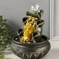 Фонтан настольный от сети, подсветка "Хотей с двумя слитками золота" 16х16х20 см