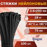 Хомут нейлоновый для стяжки, ТУНДРА, 3,6х250 мм, черный, 100 шт