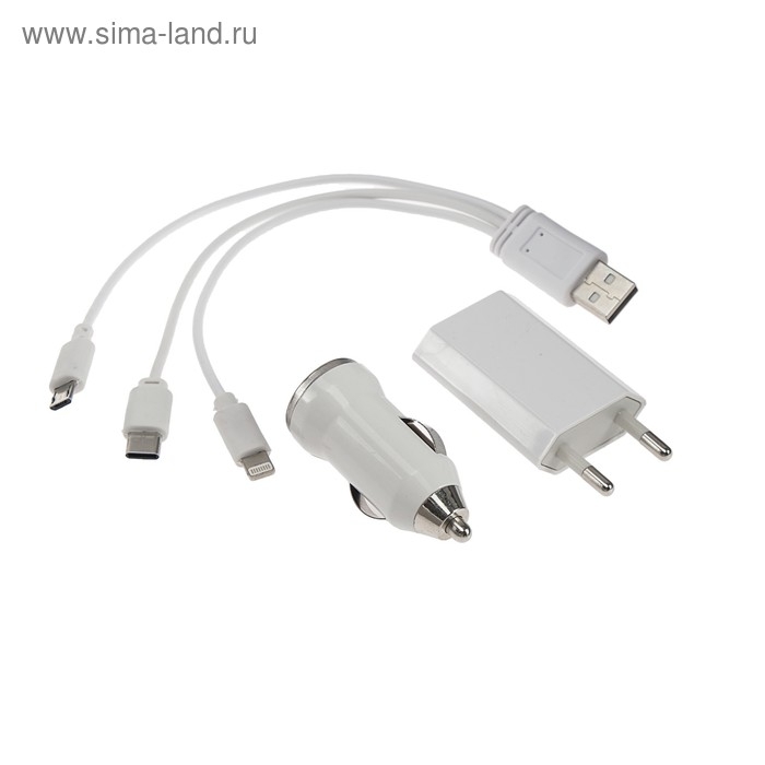 Комплект для зарядки 3 в 1 LuazON UC-13, Type-C/Lightning/microUSB, АЗУ, СЗУ, 1 А, белый Комплект для зарядки 3 в 1 LuazON UC-13, Type-C/Lightning/microUSB, АЗУ, СЗУ, 1 А, белый