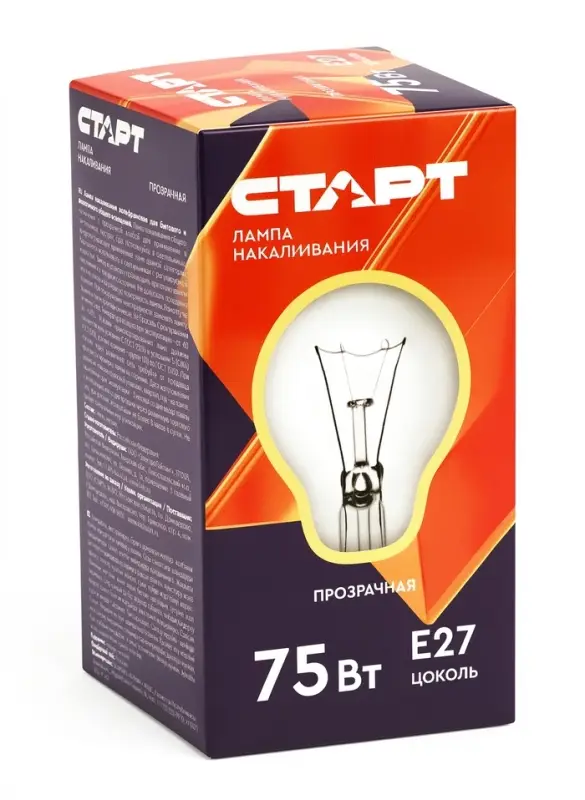 Лампа накаливания СТАРТ, Б, Е27, 75Вт, 230В