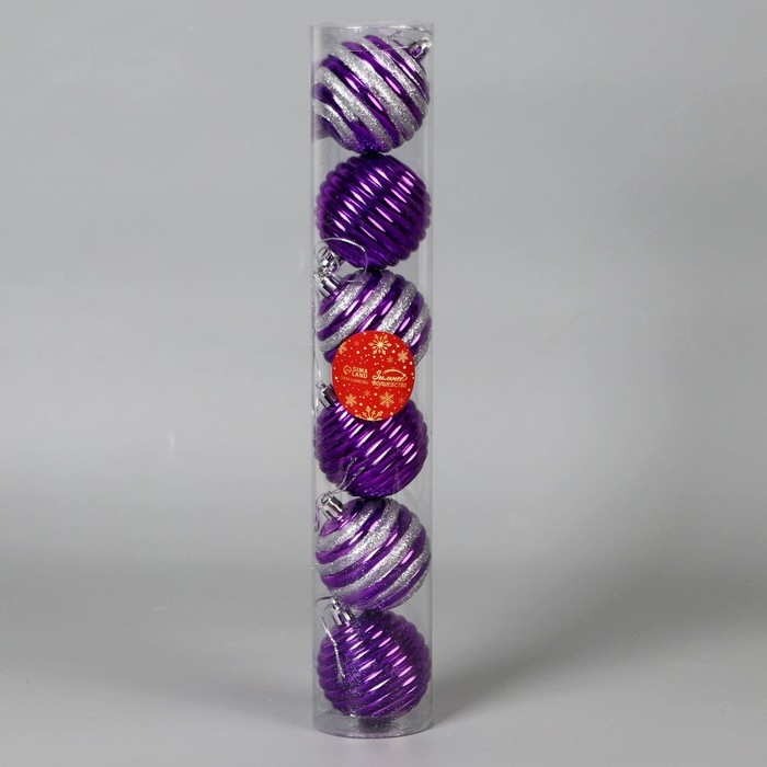 Набор шаров пластик d-6 см, 6 шт Набор шаров пластик d-6 см, 6 шт "Агнет" полосы, серебристо-фиолетовый