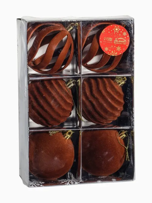 Набор шаров пластик d-8 см, 6 шт Набор шаров пластик d-8 см, 6 шт "Бархат. Грация" коричневый