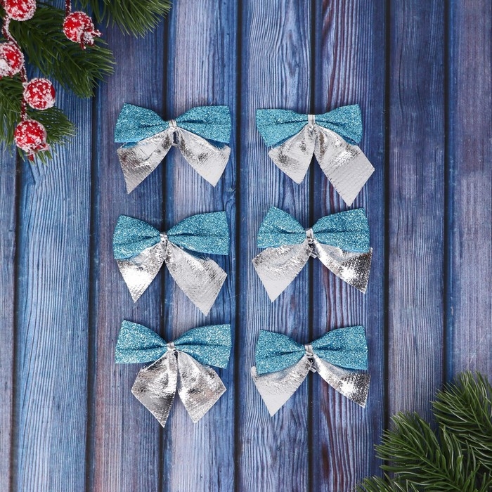 Набор ёлочных игрушек 12 шт. «Зимнее волшебство. Бант» пластик, 5,5х5 см, серебристо-голубой