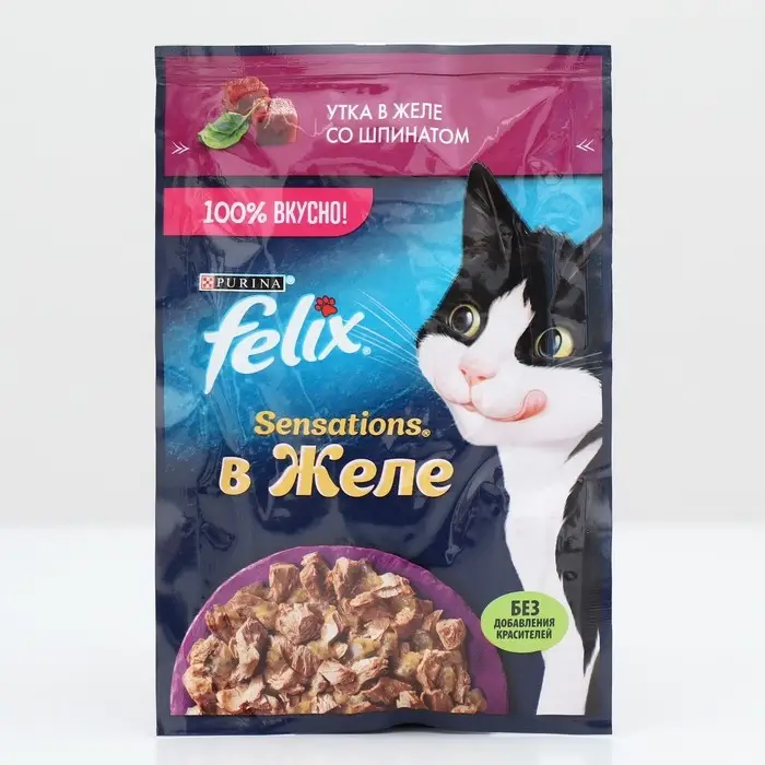 Влажный корм Felix Sensations для кошек, утка/шпинат в желе, 75 г Влажный корм Felix Sensations для кошек, утка/шпинат в желе, 75 г