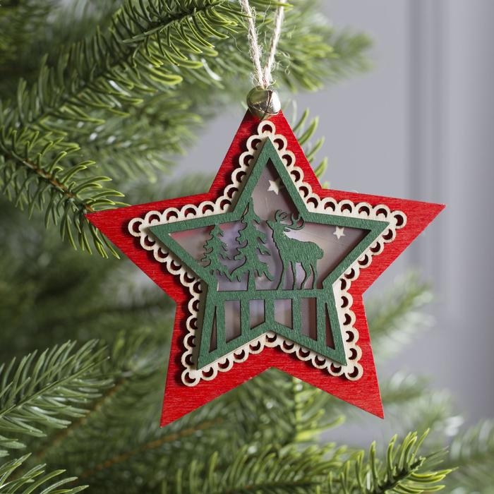 Ёлочная игрушка «Красная звезда с оленем», от батареек, свечение тёплое белое Ёлочная игрушка «Красная звезда с оленем», от батареек, свечение тёплое белое