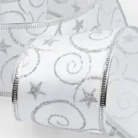 Лента атласная с металлической нитью &laquo;Узоры со звездой&raquo;, 60 мм, 9&plusmn;0.5 м, цвет белый, серебряный