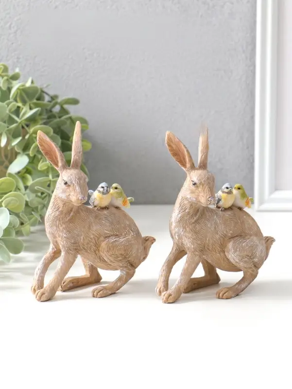 Сувенир полистоун "Кролик с синичками на спине" набор 2 шт 14х5,5х11,5 см