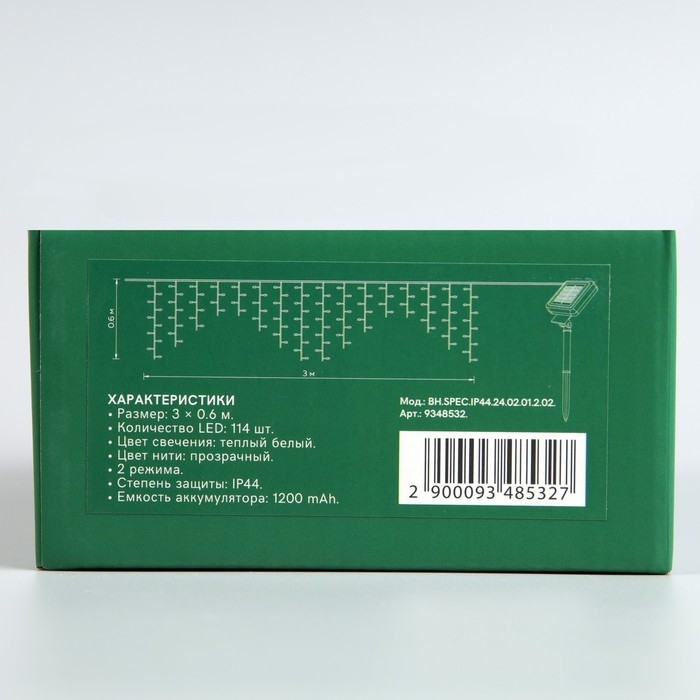 Гирлянда «Бахрома», 3×0.6 м, IP44, 114 LED, 8 режимов, солнечная батарея, прозрачная нить, свечение тёплое белое