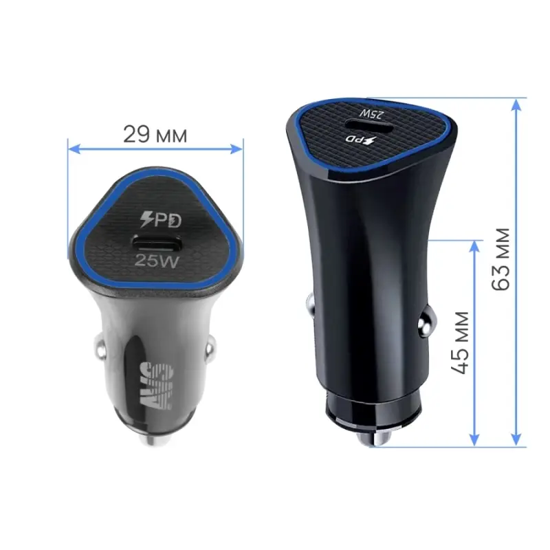 USB автомобильное зарядное устройство AVS 1 порт UC-725 (PD Type C 25W)