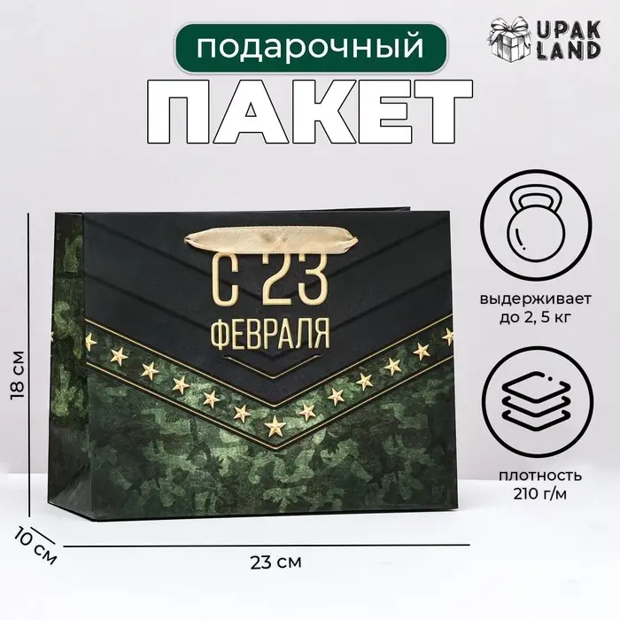 Пакет ламинированный горизонтальный «С 23 февраля!», 23×18×10 см