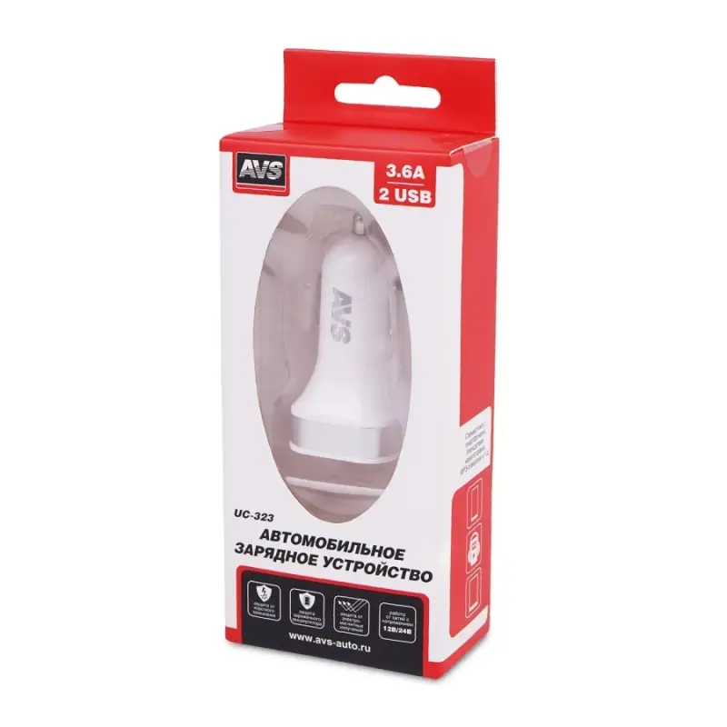 USB автомобильное зарядное устройство AVS 2 порта UC-323 (3,6А)