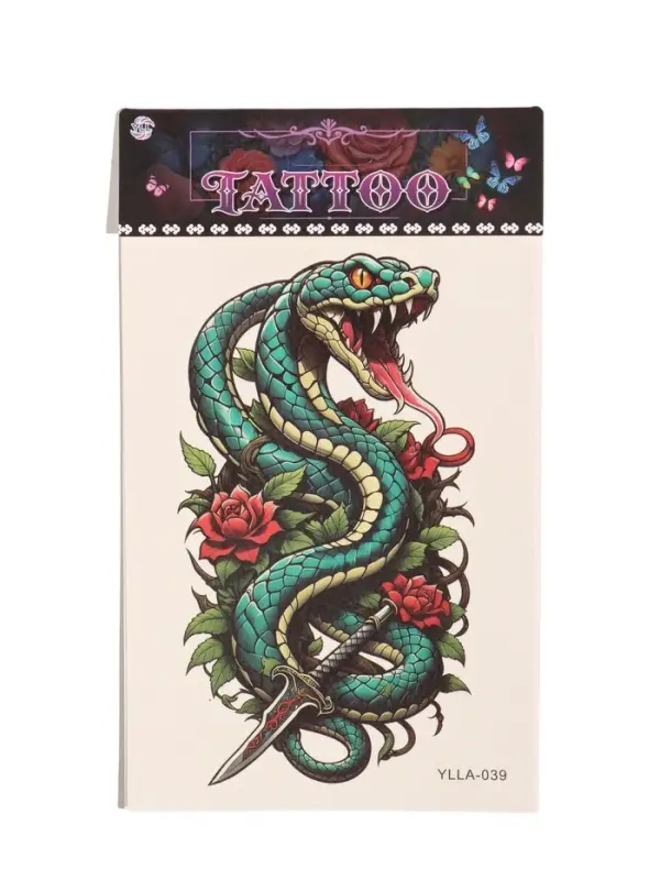 Татуировка на тело &laquo;Зелёная змея с розами и кинжалом&raquo;, 12.5&times;20.7 см, цветная