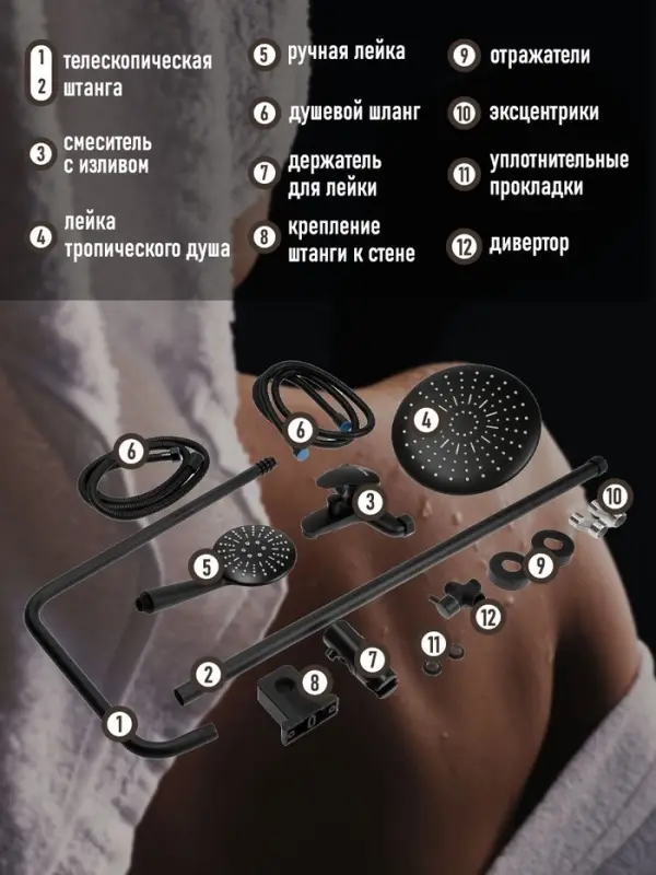 Душевая система ZEIN ZS-3F, смеситель, тропическая и ручная лейка 3 режима, латунь, черный