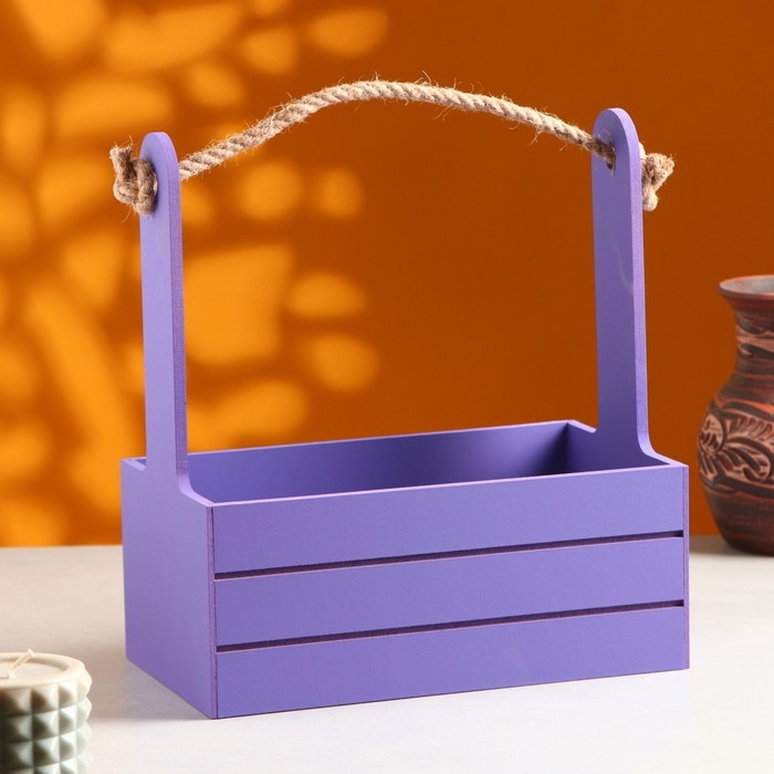 Кашпо деревянное 25.5×15×30 см "Аром", ручка канат, Фиолетовый