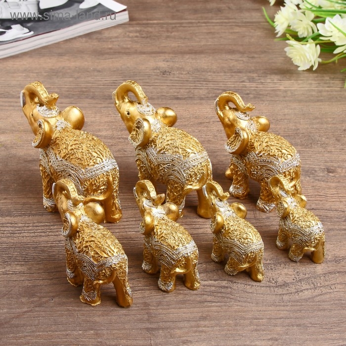 Сувенир полистоун Сувенир полистоун "Золотые слоны - корни деревьев" н-р 7 шт h=9;8,5;7,7;6,5;6,2;5,4;4,2 см