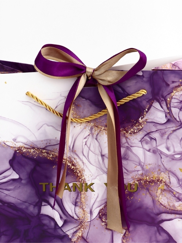 Пакет подарочный ламинированный "Мрамор",фиолетовый с бантиком, 25 х 20 х 12 см
