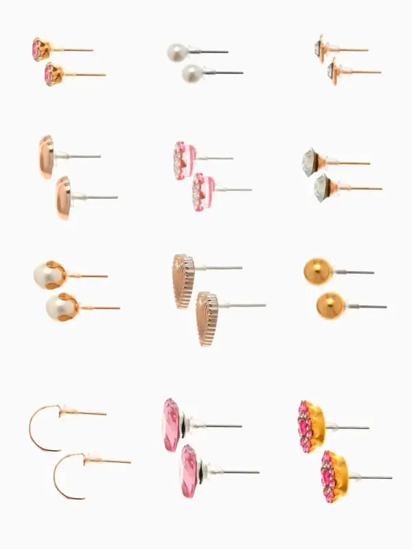 Серьги пусеты 12 пар &laquo;Фантазия&raquo;, сердца, бело-розовый в золоте