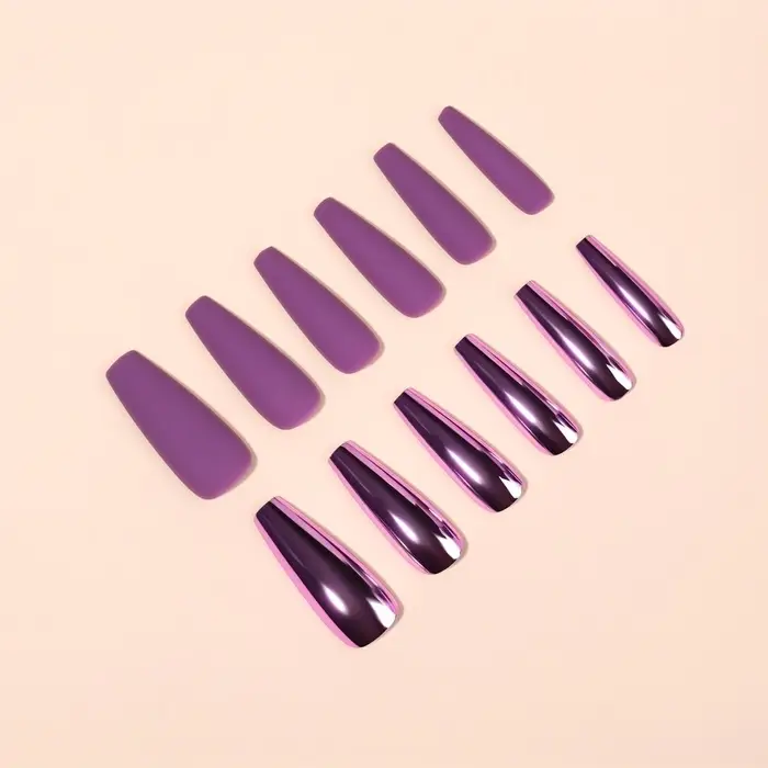 Накладные ногти, 12 шт, с клеевыми пластинами, форма балерина, матовый/хромированный, цвет сливовый/розовый