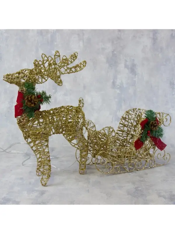 Светодиодная фигура &laquo;Олень с санями золотистый&raquo;, олень: 40&times;50&times;16 см, сани: 40&times;25&times;10 см, металл, 220 В, свечение тёплое белое