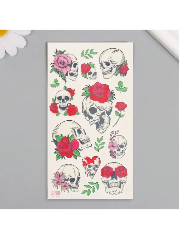 Переводные тату на тело цветные «Черепа и розы», 7.5×14 см Переводные тату на тело цветные «Черепа и розы», 7.5×14 см